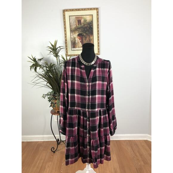 Time & True Women Flounce Tiers Dress XXL Boho Vacation Henley Neck Long Sleeve - Picture 1 of 13